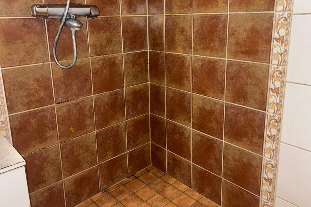 Ruskeilla laatoilla ja koristeraidalla laatoitettu suihkunurkka ennen huoltoa: tummia kohtia seinäsaumoissa